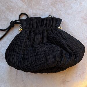 *Whiting & Davis* Black Ruched Satiny Crossbody Gold Hardware EUC